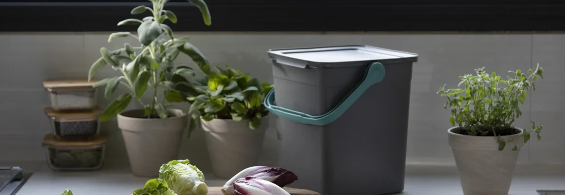 Komposteimer und Salat auf einem Schneidebrett